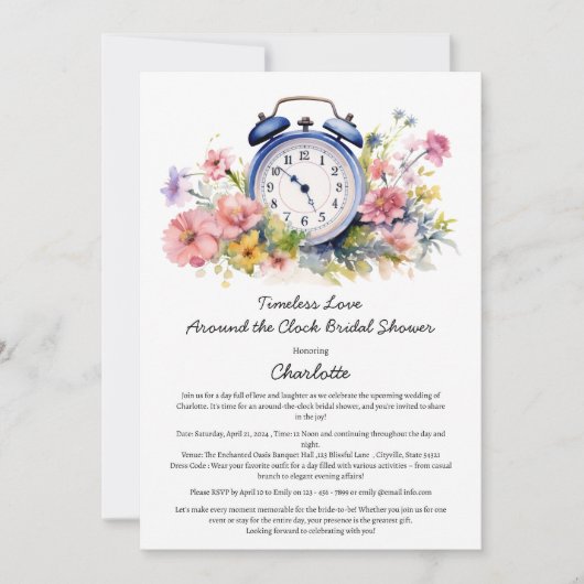 水彩フローラのまわりにザクロックブライダルシャワー 招待状 (正面)