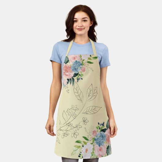 水彩フローラの花束は上品エレガントでモダンす エプロン (着用した状態)