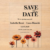 水彩フローラはっきりした赤とオレンジのサンセットカラー アクリル招待状 (正面)