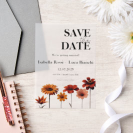 水彩フローラはっきりした赤とオレンジのサンセットカラー ベラム紙招待状