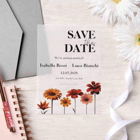 水彩フローラはっきりした赤とオレンジのサンセットカラー ベラム紙招待状 (ウェディング)