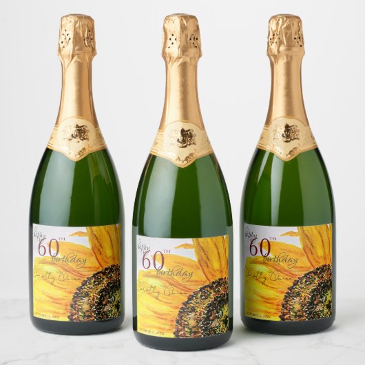 水彩フローラひまわり誕生日パーティー スパークリングワインラベル (ボトル)