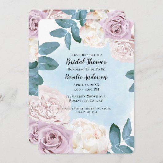 水彩フローラほこりっぽいバラアイボリーブルーブライダル 招待状 (正面/裏面)