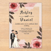 水彩フローラほこりっぽい赤面ピンクカップル結婚ズ アクリル招待状 (正面)