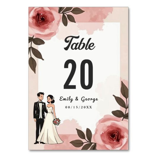 水彩フローラほこりっぽい赤面ピンクカップル結婚ズ テーブルナンバー (裏面)