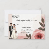水彩フローラほこりっぽい赤面ピンクカップル結婚ズ 出欠カード (正面)