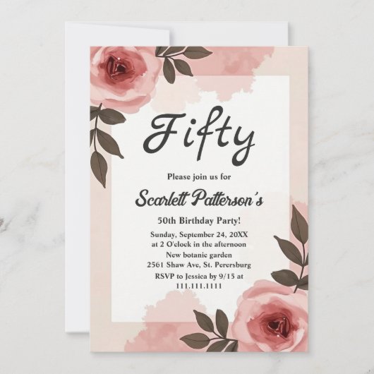 水彩フローラほこりっぽい赤面ピンク50誕生日 招待状 (正面)