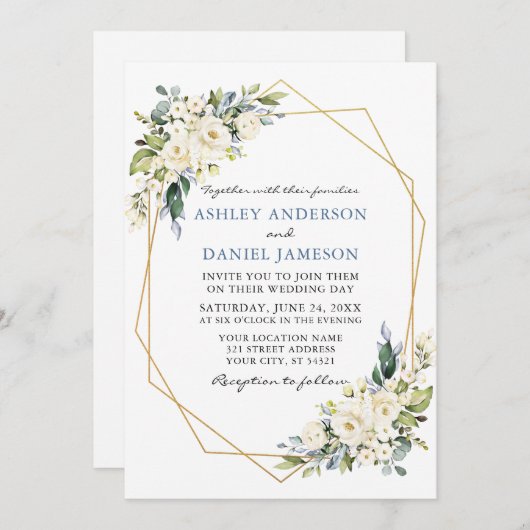 水彩フローラほこりっぽい青いフォトフレーム結婚ズ 招待状 (正面/裏面)