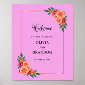 水彩フローラを金ゴールドフレーム結婚のウェルカム ポスター (正面)