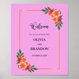 水彩フローラを金ゴールドフレーム結婚のウェルカム ポスター