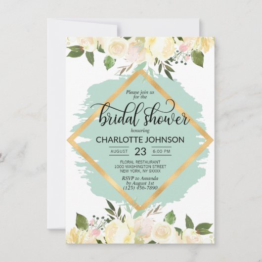水彩フローラアイボリーミント金ゴールドブライダルシャワー 招待状 (正面)