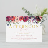 水彩フローラアフタヌーンティーブライダルシャワー金ゴールド 箔招待状 (立ち正面)