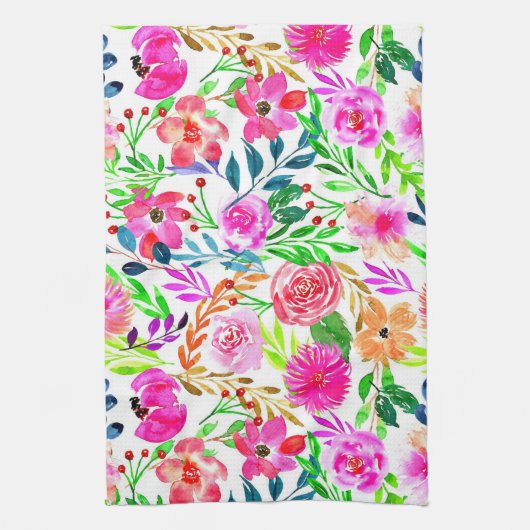 水彩フローラアートデザインカラフル花 キッチンタオル (縦)