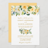 水彩フローライエローグリーン結婚金ゴールド 招待状 (正面/裏面)