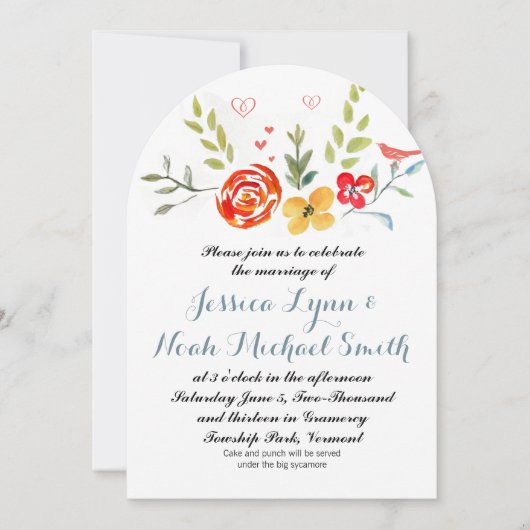 水彩フローライエローコーラルアズールブルー結婚ズ 招待状 (正面)