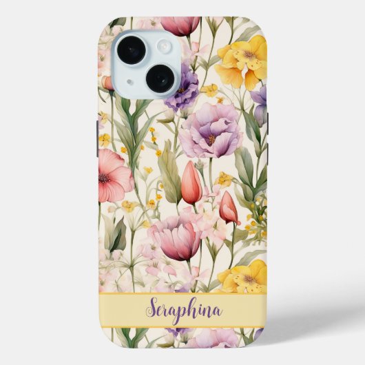 水彩フローライエローピンクパープル名前をカスタムする Case-Mate iPhoneケース (裏面)