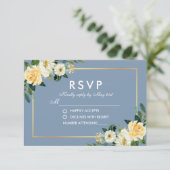 水彩フローライエローホワイトダスティブルー結婚ズ 出欠カード (スタンド正面)