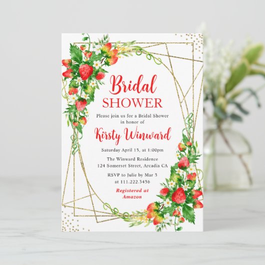 水彩フローライチゴのフレームブライダルシャワー 招待状 (スタンド正面)