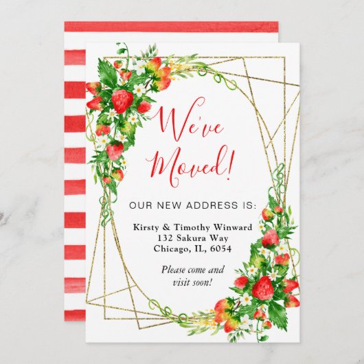 水彩フローライチゴのフレーム引っ越しました 案内状 (正面/裏面)
