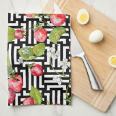 水彩フローライチゴ幾何学模様 キッチンタオル (四つ折り)