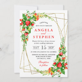 水彩フローライチゴ金ゴールドフレ結婚ーム 招待状