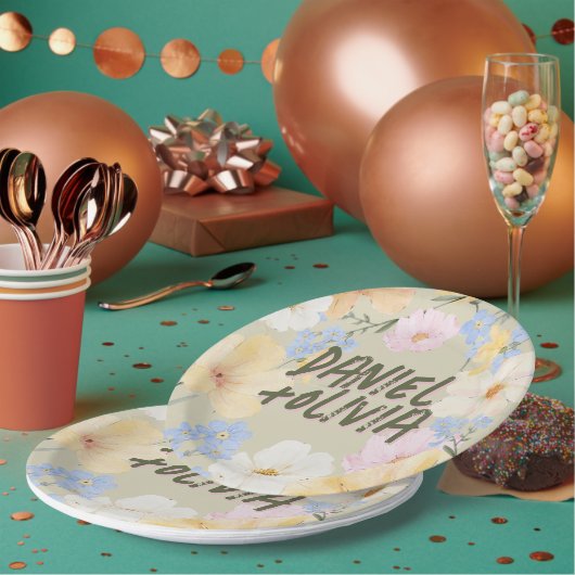 水彩フローライラストレーション結婚ズ ペーパープレート (複数)