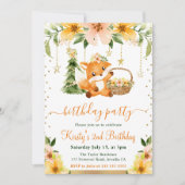 水彩フローラウッドランドキツネ誕生日パーティー 招待状 (正面)