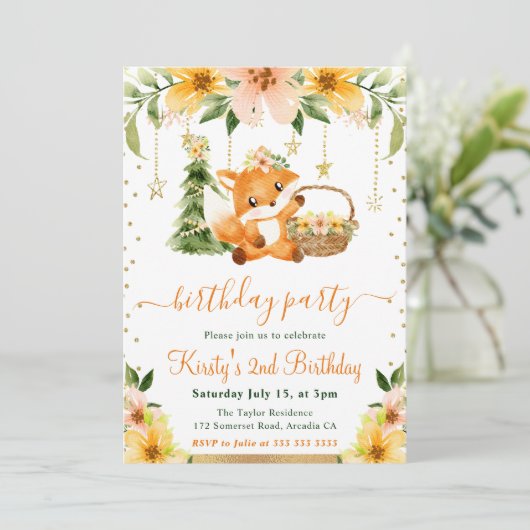 水彩フローラウッドランドキツネ誕生日パーティー 招待状 (スタンド正面)