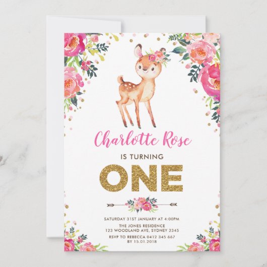 水彩フローラウッドランドディアファースト誕生日 招待状 (正面)