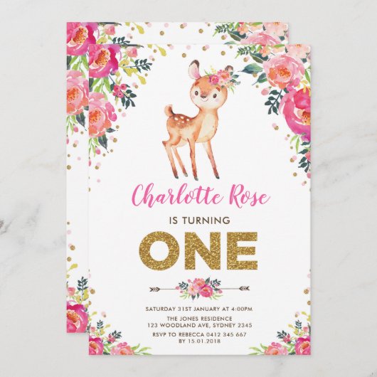 水彩フローラウッドランドディアファースト誕生日 招待状 (正面/裏面)