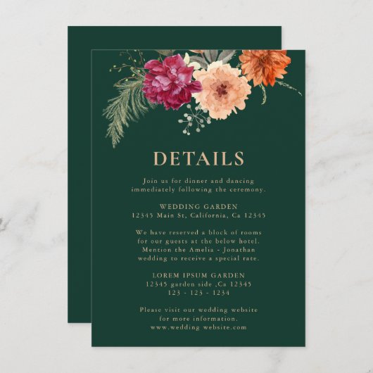 水彩フローラエメラルドグリーン結婚詳細 エンクロージャーカード (正面/裏面)