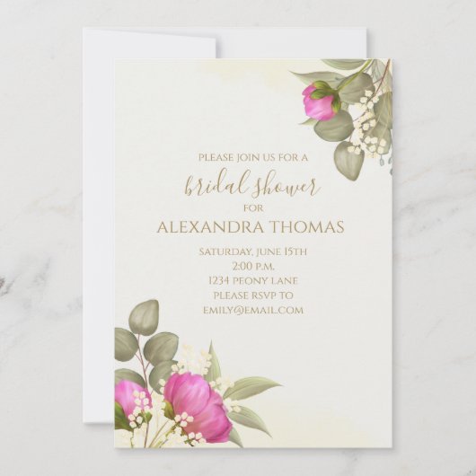水彩フローラエレガント牡丹ブライダルシャワー 招待状 (正面)