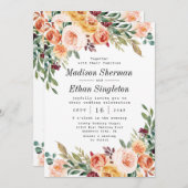 水彩フローラエレガント赤面ブルガン結婚ディ 招待状 (正面/裏面)