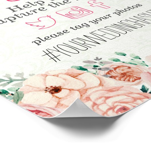 水彩フローラオスナッ結婚プハッシュタグの標識 ポスター (角)