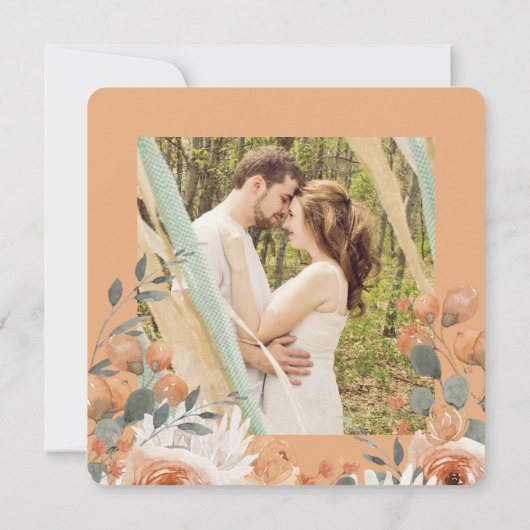 水彩フローラオレンジピーチ結婚ズスクエア セーブザデート (裏面)