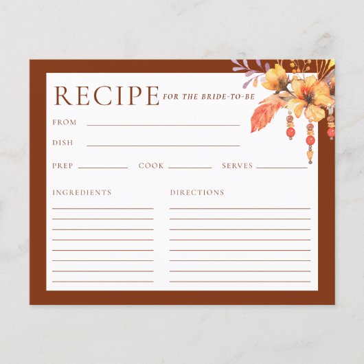 水彩フローラオレンジブライダルシャワーレシピカード (正面)