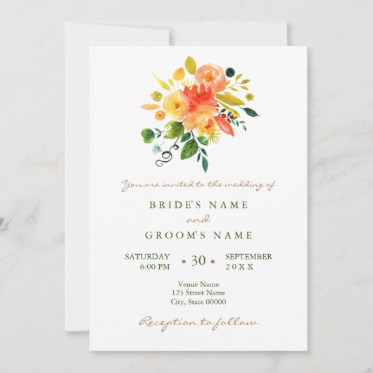 水彩フローラオレンジ結婚式招待状 招待状 (正面)