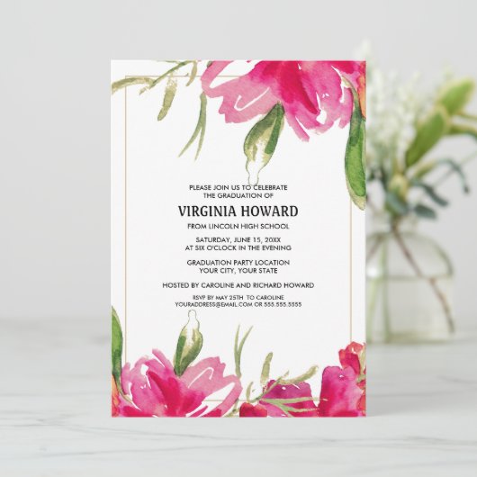 水彩フローラカスタム写真卒業パーティー 招待状 (スタンド正面)