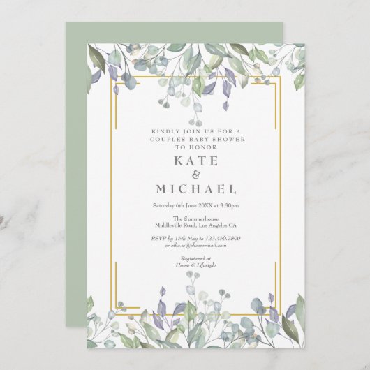 水彩フローラカップル赤ちゃんシャワー/散水 招待状 (正面/裏面)