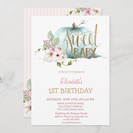 水彩フローラカボチャストライプの誕生日 招待状 (正面/裏面)