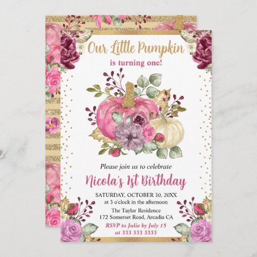 水彩フローラカボチャ秋1st誕生日 招待状 (正面/裏面)