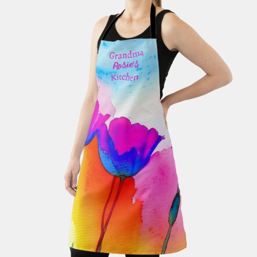 水彩フローラカリフォルニアポピーピンクブルー エプロン (インサイチュ)