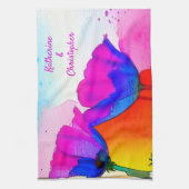 水彩フローラカリフォルニアポピーピンクブルー キッチンタオル (縦)