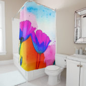 水彩フローラカリフォルニアポピーピンクブルー シャワーカーテン (インサイチュ)