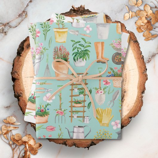 水彩フローラガーデニングツールガーデンパターン ラッピングペーパーシート