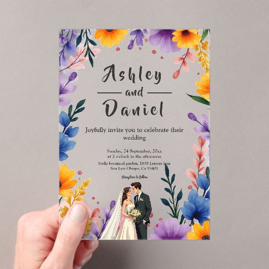 水彩フローラガーデンカップル夏結婚の アクリル招待状 (インサイチュ (ポータブル))