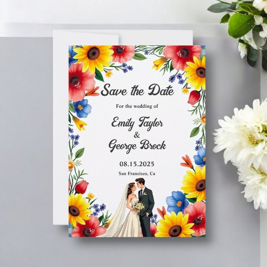 水彩フローラガーデンカップル夏結婚の セーブザデート