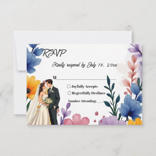 水彩フローラガーデンカップル夏結婚の 出欠カード (正面)
