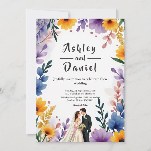 水彩フローラガーデンカップル夏結婚の 招待状 (正面)