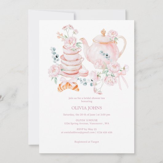 水彩フローラガーデンティーパーティーブライダルシャワー 招待状 (正面)